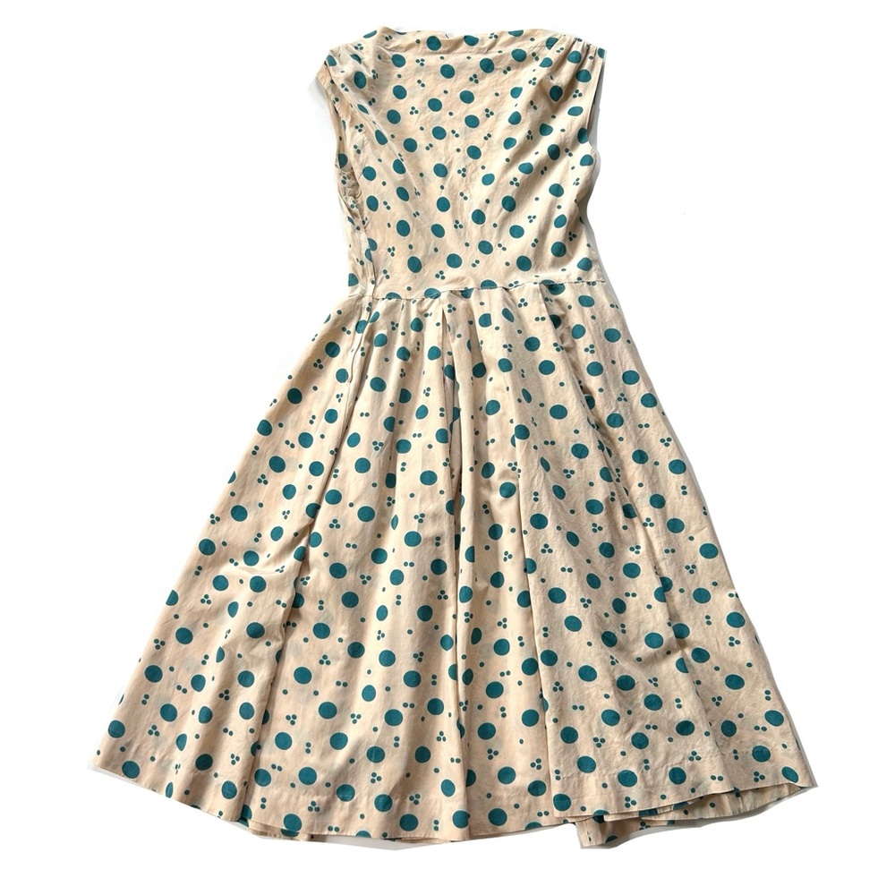 Vintage Retro Beige & Turquoise Polka Dot Bateau Neck Pleated Midi Dress